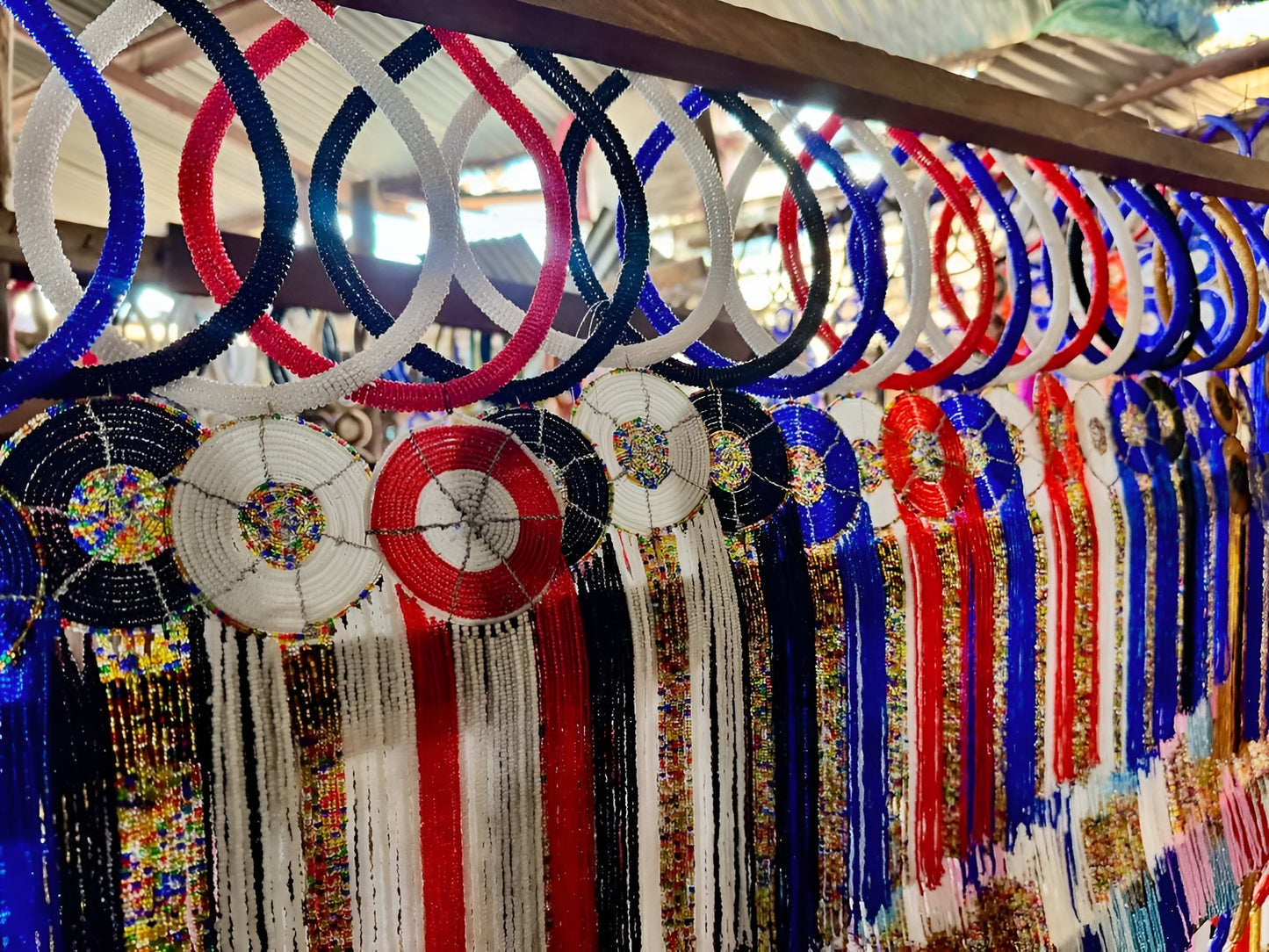 Authentic Maasai Beaded Fringe Choker Necklace – ‘Enkai’ (Divine Spirit) Dreamweaver Design in Multicolor.