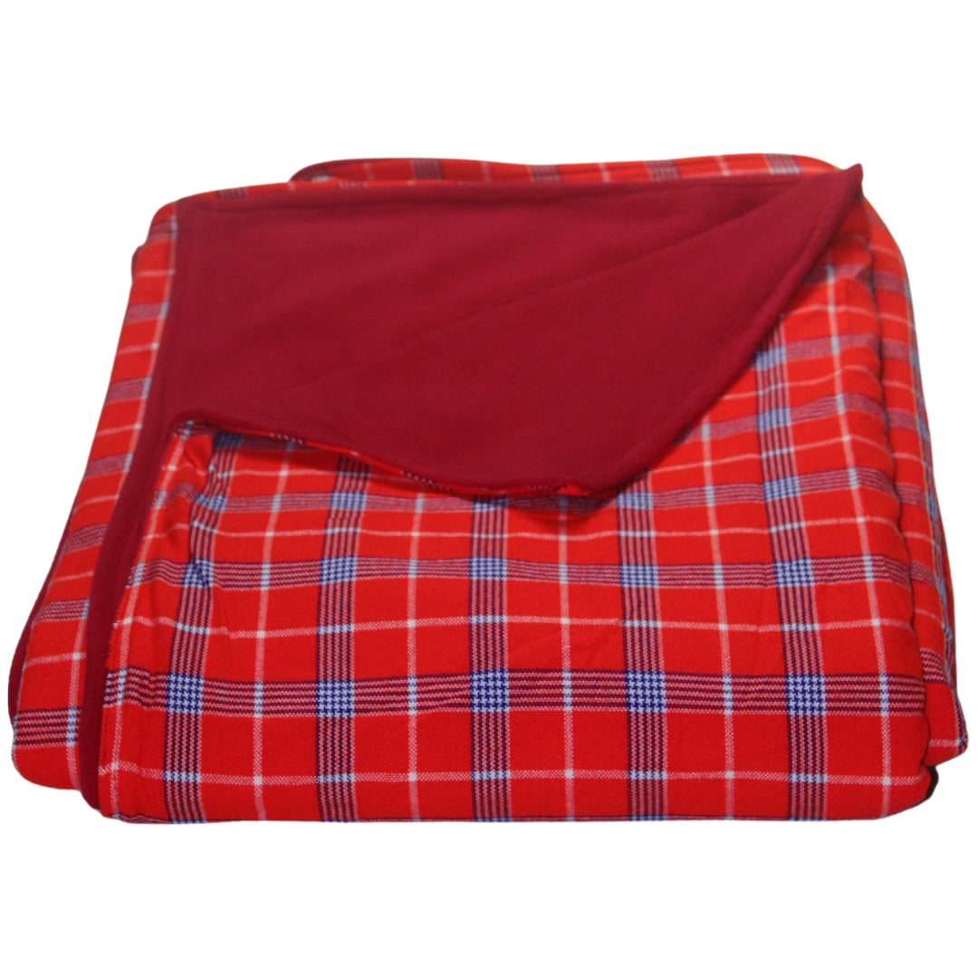 Authentic Maasai Shuka Blanket – Red and Blue Plaid with Solid Red Fleece – Enkito e Maa (Cloth of the People).