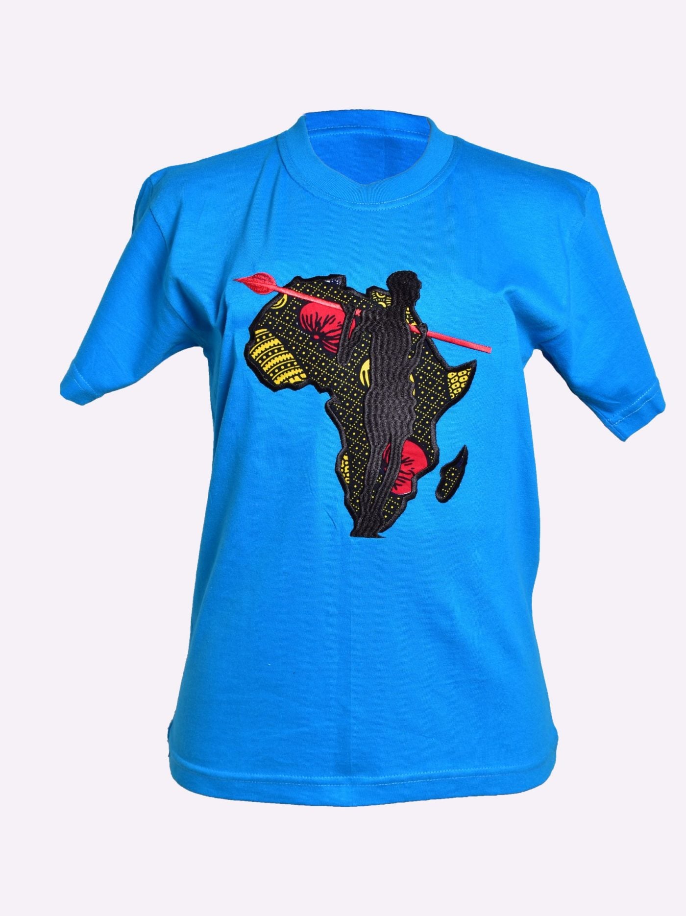 African Warrior T-Shirt – Blue with Spear Silhouette Design – Enkoshoke le Sidai (Garment of Beauty).