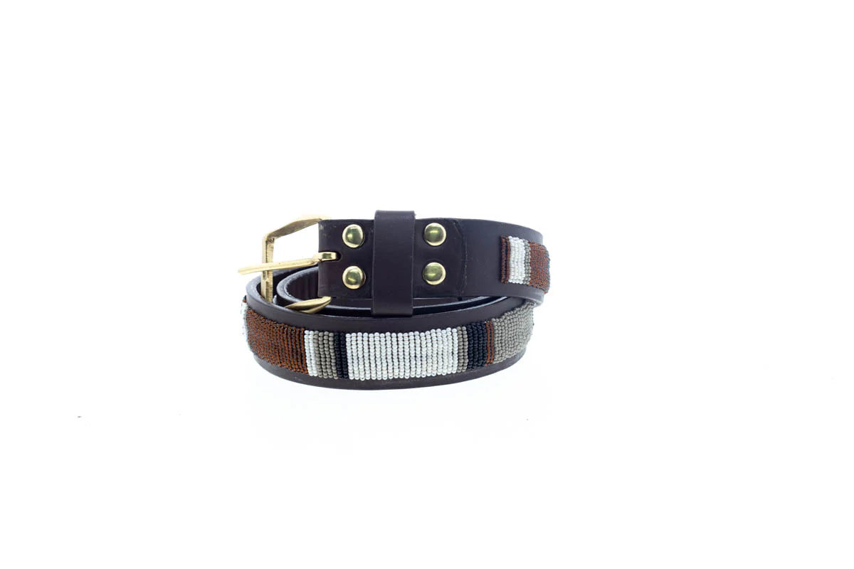 Handmade Maasai Beaded Leather Belt – Earth Stripe Pattern with Brass Buckle – Enkaitoi le Sidai (Belt of Beauty).