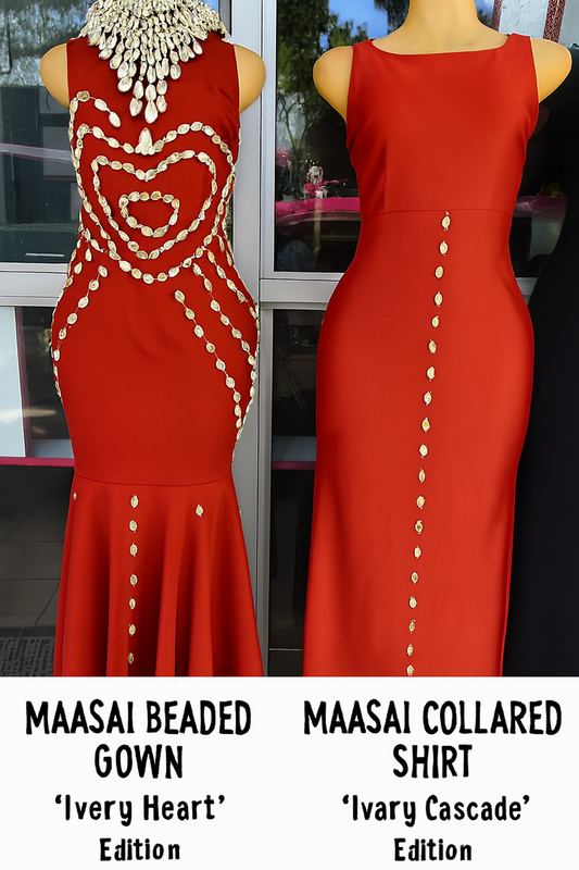 UNIQUE MAASAI AND COWRIE SHELL GOWNS – ‘Ivory Heart’  ‘Ivory Cascade’ Editions.
