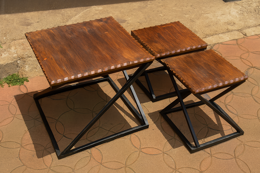 Rustic Table Trio with Iron Frames - Circle of Grain & Geometry – Enkito e Naramat (Step of Stillness).
