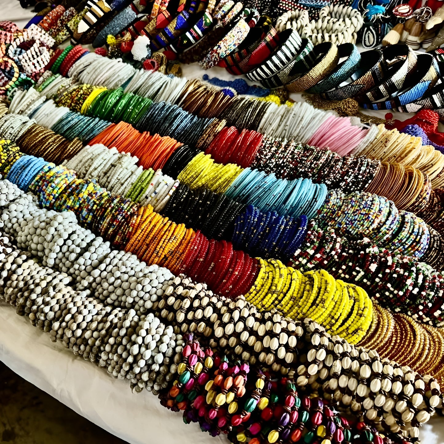 Authentic Handmade Maasai Beaded Bangles – ‘Olmoran’ (Warrior) Design in Red, Blue & White.