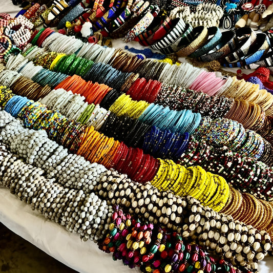 Authentic Handmade Maasai Beaded Bangles – ‘Olmoran’ (Warrior) Design in Red, Blue & White.