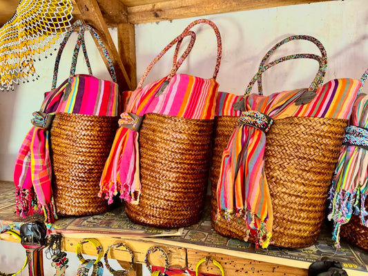 Sahara Festival Tote Bag in Deep Tan & Hot Stripe - Carry-All of Spirit & Sun – Enkito e Emayian (Step of Celebration).