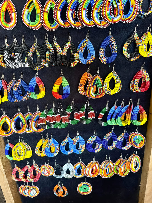 Authentic Maasai Beaded Teardrop Earrings – ‘Sina’ (Beauty) Pattern in Red, Yellow and Blue.