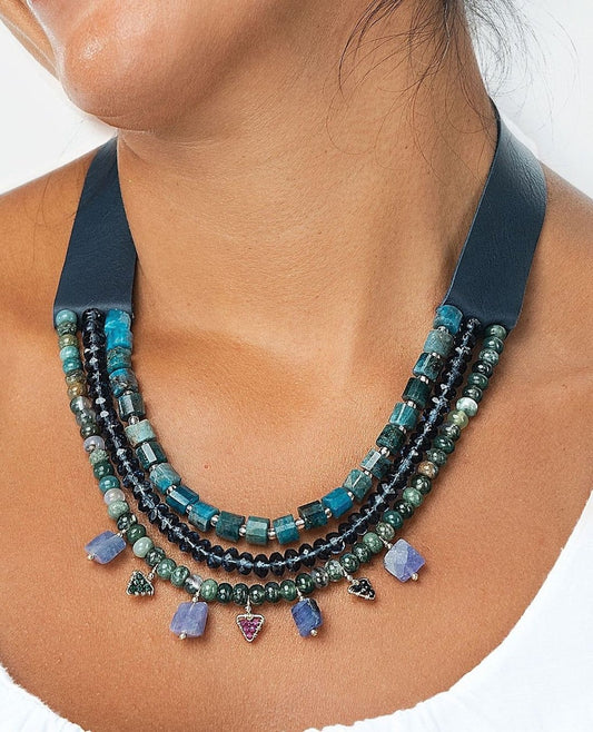 Cascading Beaded Necklace with Charms in Indigo & Earth - Circle of Rhythm & Heart –  – Enkito e Emayian (Step of Celebration).