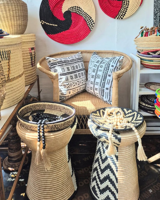 Tribal-Cushioned Wicker Chair with Beaded Stools and Woven Wall Art - – Enkito e Enkai (Step of Illumination).