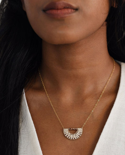 Authentic Maasai Beaded Necklace – ‘Dhamiri’ (Intention) Fan Pendant in White and Gold.