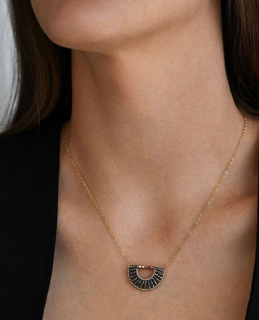 Authentic Maasai Beaded Necklace – ‘Nguvu’ (Strength) Fan Pendant in Black and Gold.