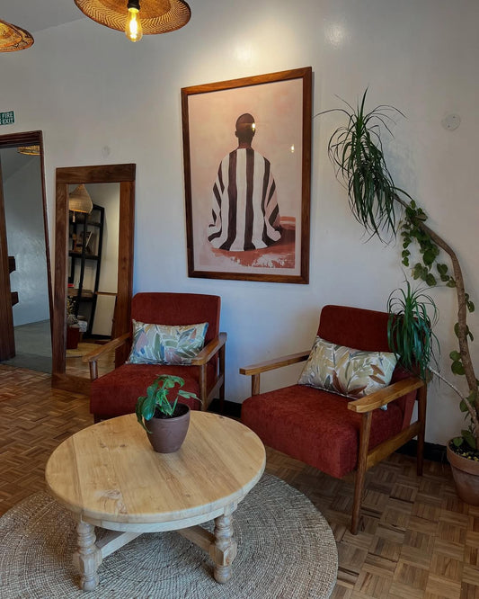 Maasai Homecoming Lounge – 'Enkátá Nóbau' (Return Grace) – Armchairs, Ritual Table & Portrait Ensemble.