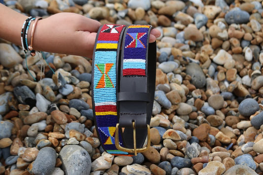 AUTHENTIC MAASAI AND BEADED BELT DUO – Handheld Heritage in Red, Blue and Gold.