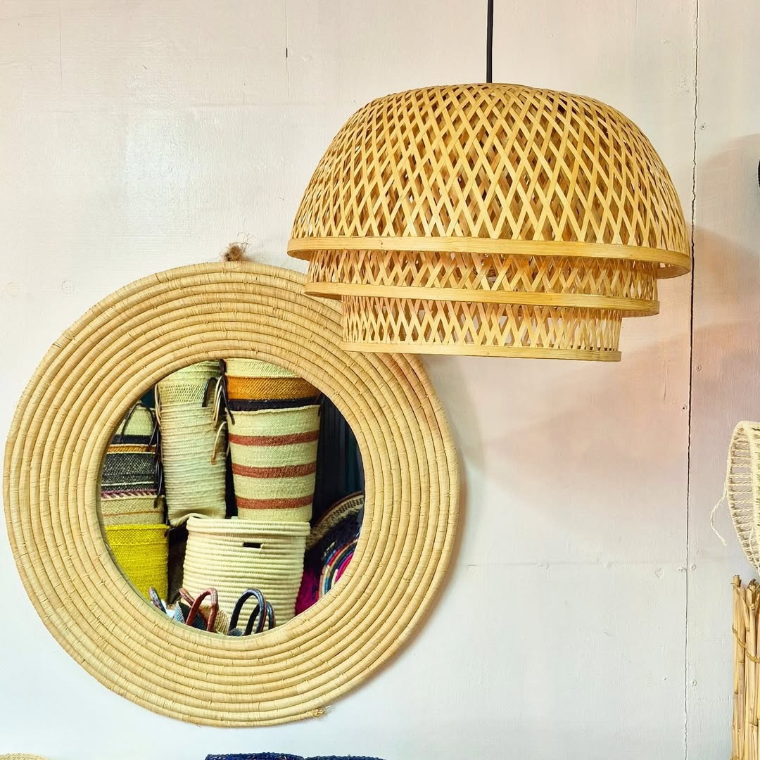 Coiled-Fiber Mirror with Artisan Light & Basket Ensemble - Circle of Reflection & Radiance – Enkito e Enkai (Step of Illumination).