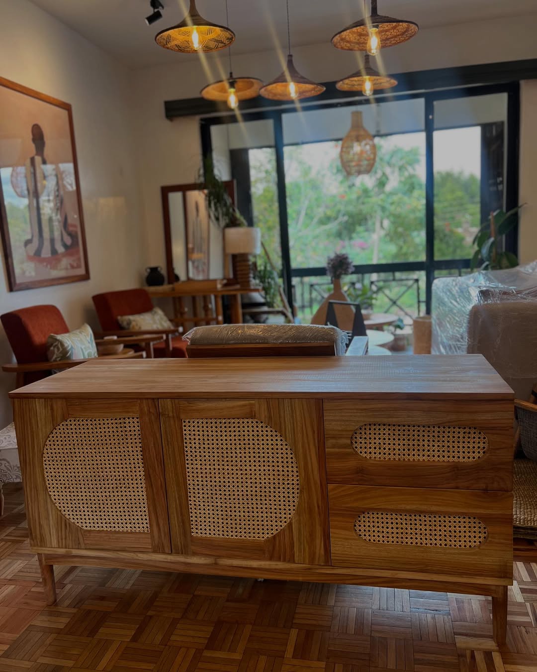 Maasai Rattan Console – 'Enkátá Oloirien' (Olive Peace) – Sideboard, Seating & Light Ensemble.