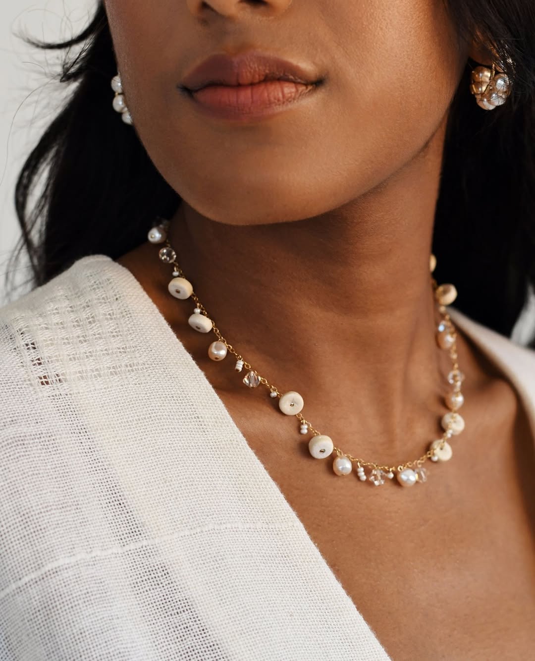 Lumina Strand Cascade in Pearl & Shell Necklace - Whispers of the Ocean & Earth – Enkito e Oleng’aina (Step of Shimmer).