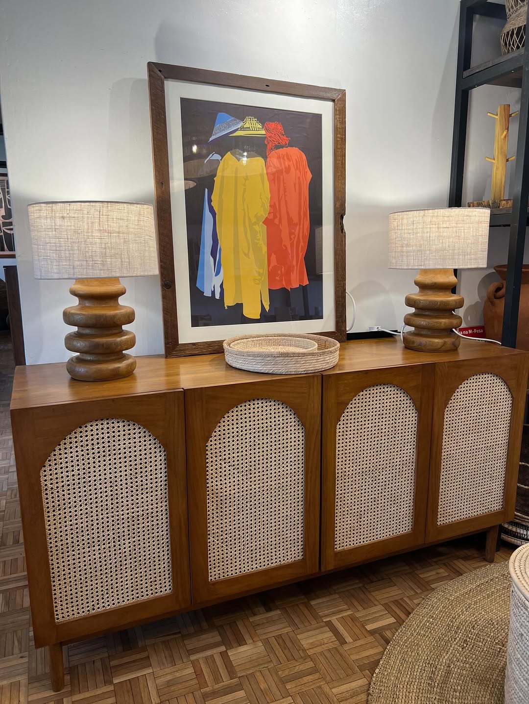 Maasai Trio Console – 'Enkátá Olng’ej' (Echo Form) – Sideboard, Lamps & Portrait Ensemble.