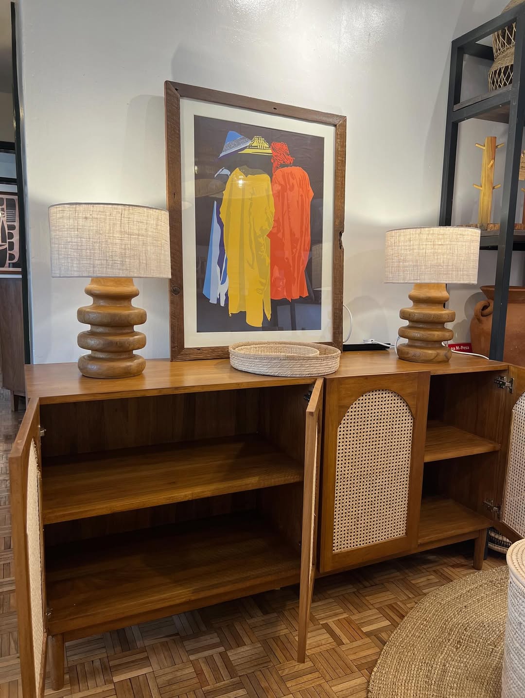 Maasai Trio Console – 'Enkátá Olng’ej' (Echo Form) – Sideboard, Lamps & Portrait Ensemble.