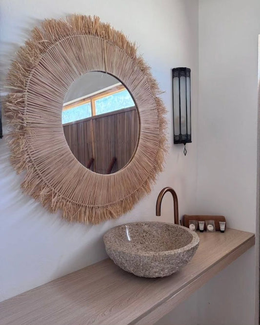 Artisan Vanity Ensemble – Stone Basin and Woven Mirror – Enkito e Enkai (Step of the Divine).