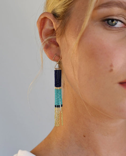 Columnar Drop Earrings in Indigo, Turquoise, and Gold - Pillar of Depth & Abundance – Enkito e Olkereti (Step of Adornment).