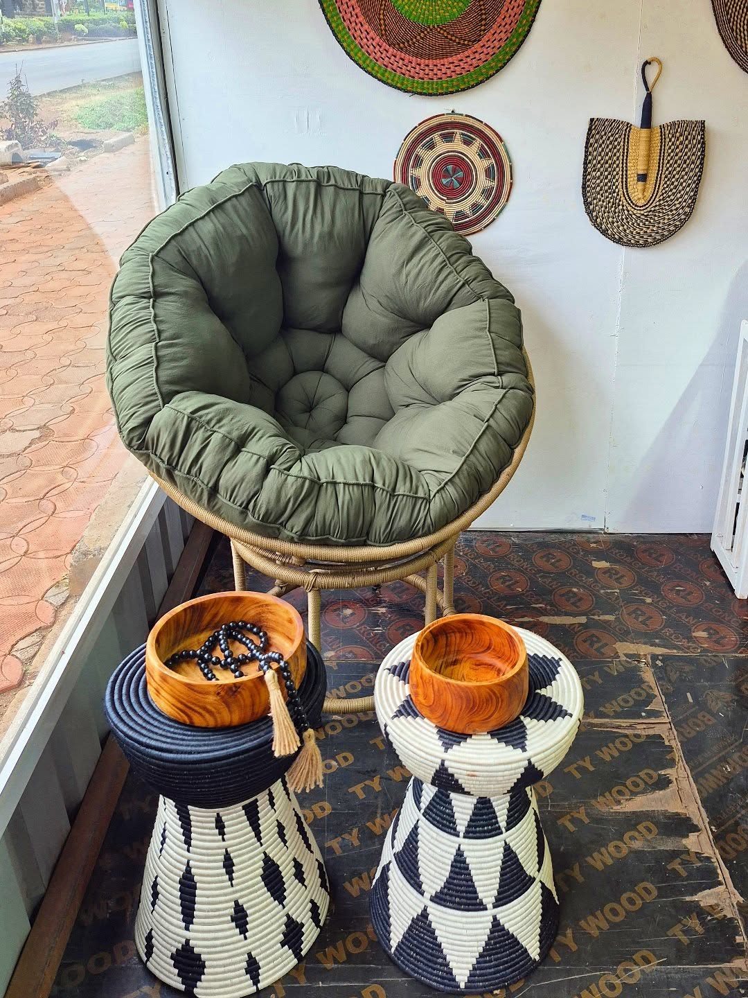Papasan Lounge with Woven Drum Tables - Circle of Comfort & Culture – Enkito e Naramat (Step of Stillness).