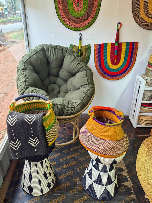 Papasan Lounge with Woven Accents & Wall Fans - Circle of Rest & Radiance – Enkito e Emayian (Step of Celebration).