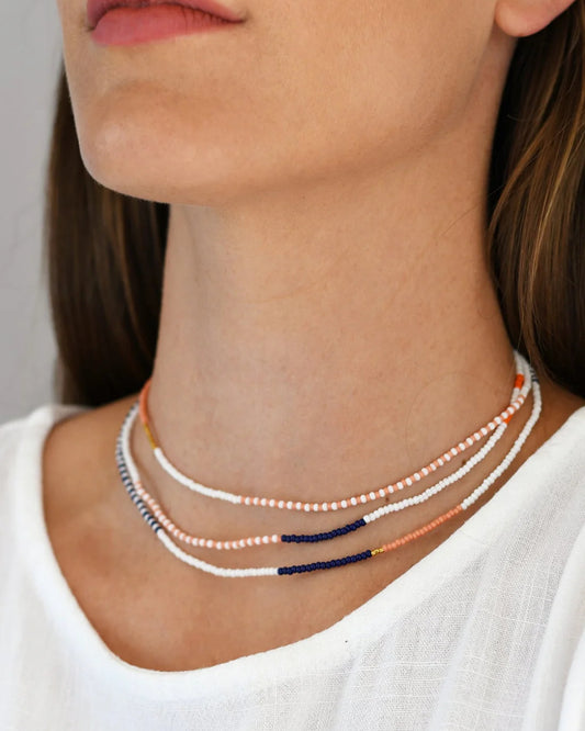 Trio Segmented Chokers in Ivory, Coral, and Indigo - Rhythm of Layer & Light – Enkito e Olkereti (Step of Adornment).