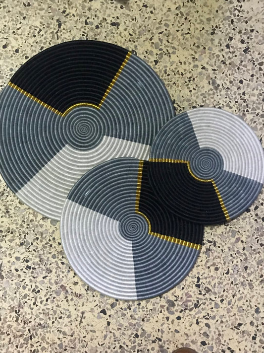 Maasai Woven Table Mats – Neutral Spiral Trio – ‘Lamasoni’ (Equilibrium).