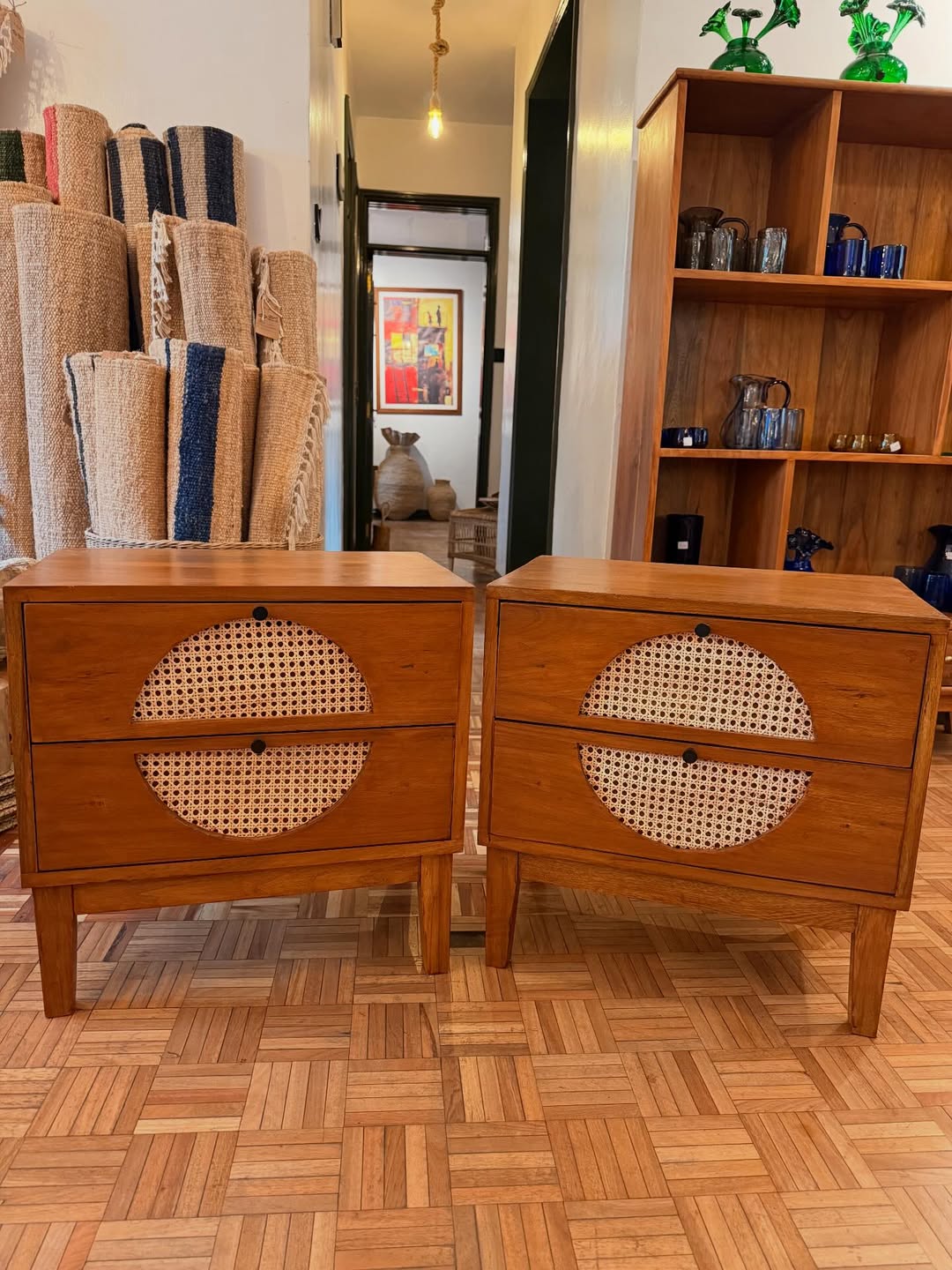 Maasai Twin Weave – 'Enkátá Olng’ej' (Echo Form) – Rattan-Inlaid Nightstands & Ritual Storage Ensemble.