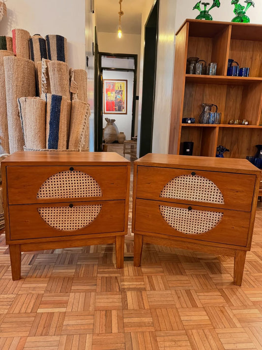 Maasai Twin Weave – 'Enkátá Olng’ej' (Echo Form) – Rattan-Inlaid Nightstands & Ritual Storage Ensemble.