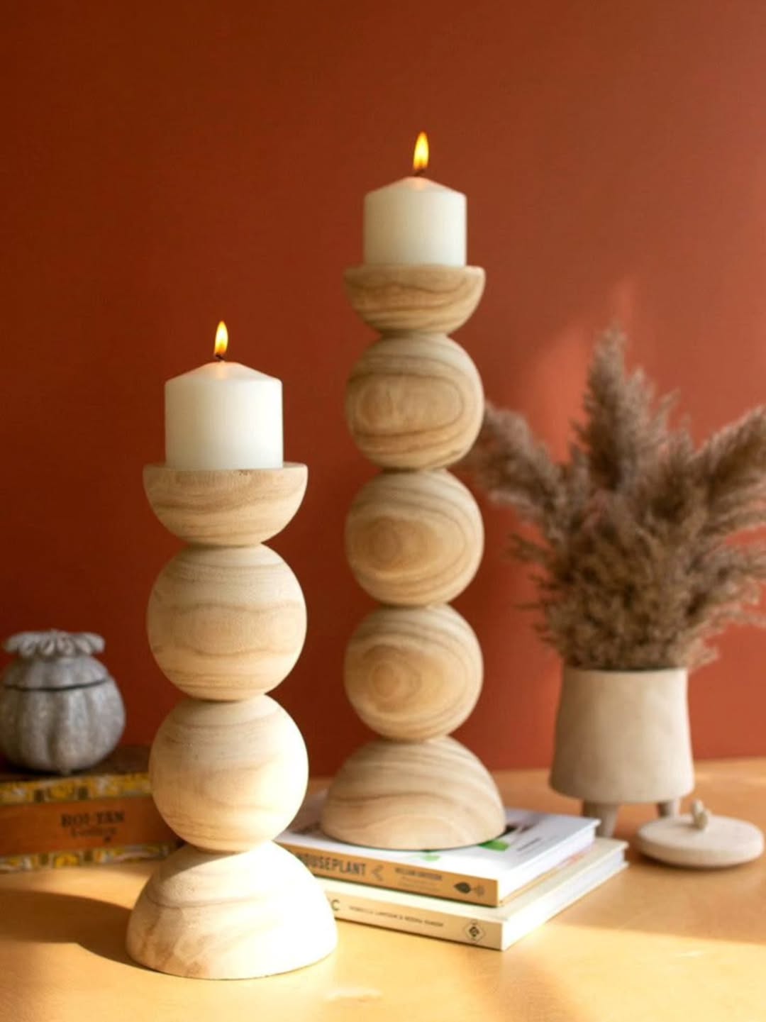 Stacked Wooden Candle Holders with Pampas Ensemble - Circle of Flame & Form – Enkito e Ang’ (Step of Light).