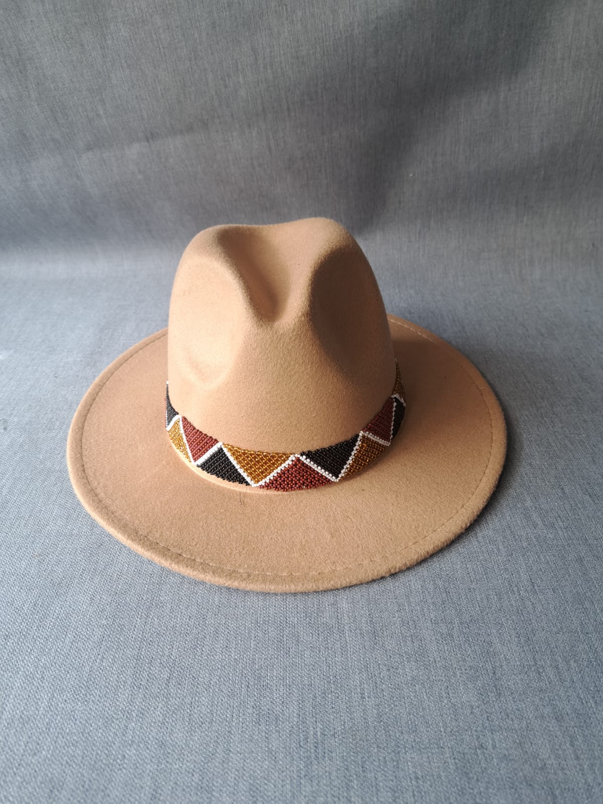 AUTHENTIC MAASAI BEADED TAN WOOL FEDORA – ‘Nomad Crown’ Edition.