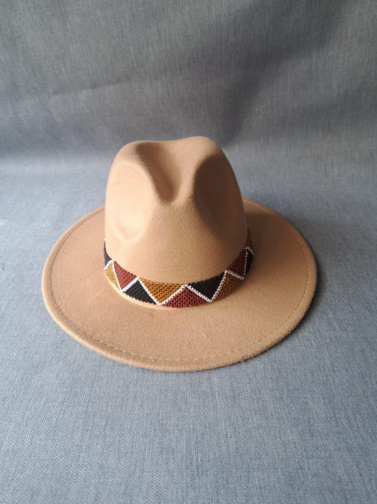 AUTHENTIC MAASAI BEADED TAN WOOL FEDORA – ‘Nomad Crown’ Edition.