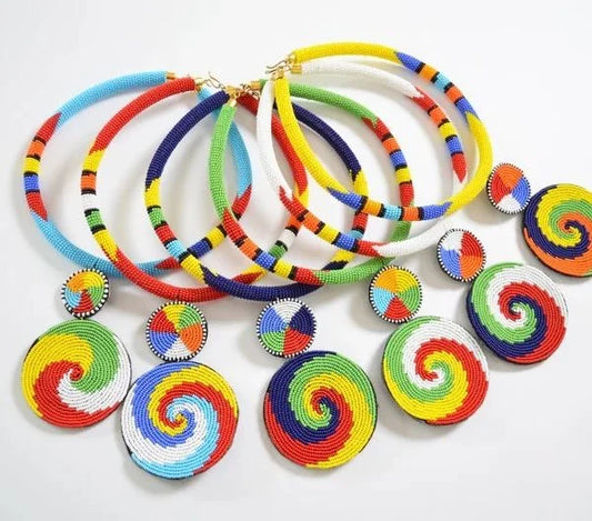 Maasai Spiral Jewelry Set – Beaded Necklace and Earrings – Olng’ejuk le Sidai (Adornment of Beauty).