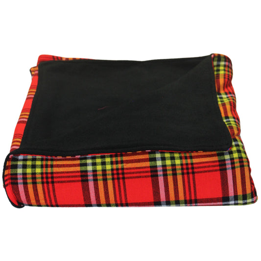 Authentic Maasai Shuka Blanket – Red, Yellow and Green Tartan with Black Fleece – Enkito e Maa (Cloth of the People).