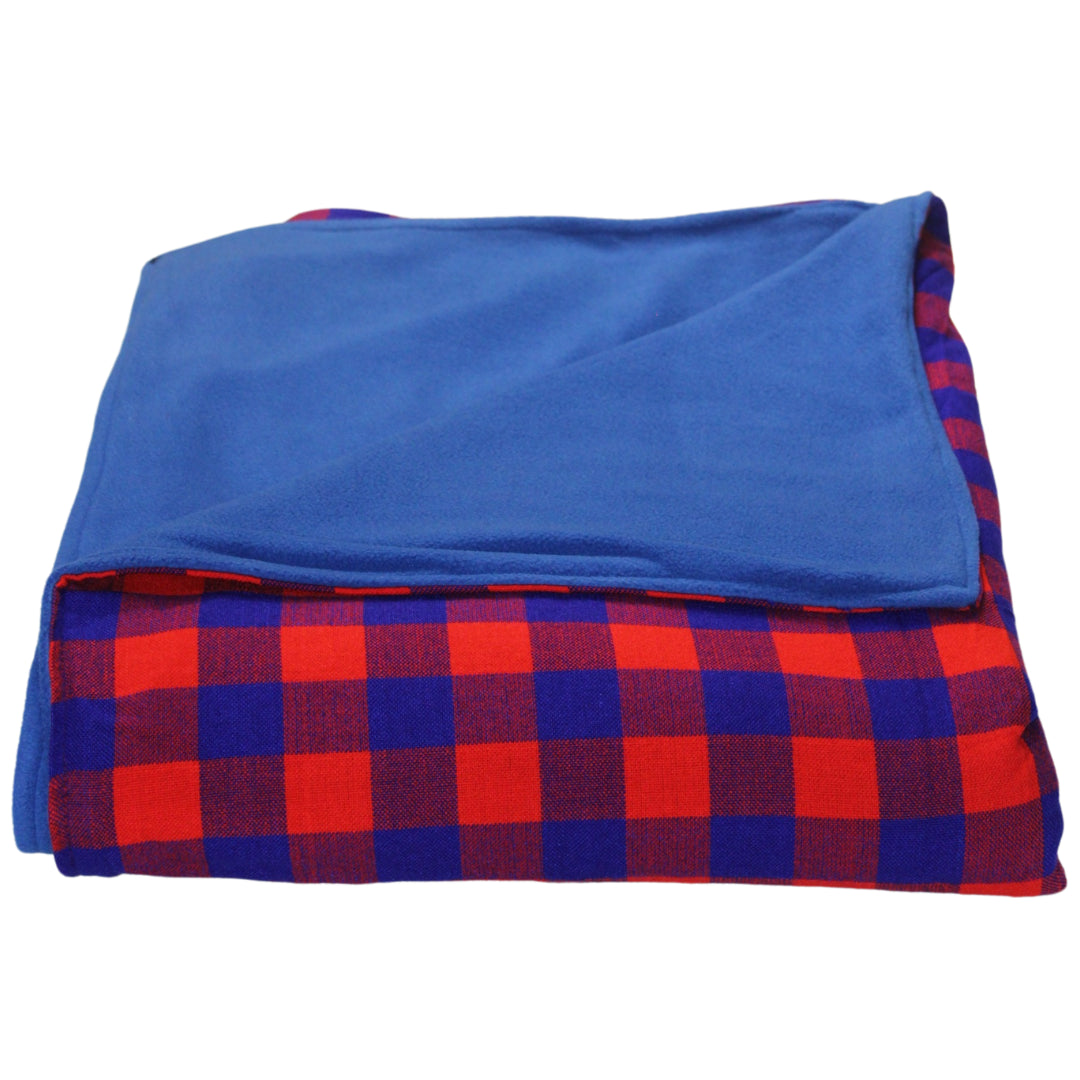 Authentic Maasai Shuka Blanket – Red and Navy Checkered Pattern with Blue Fleece – Enkito e Maa (Cloth of the People).