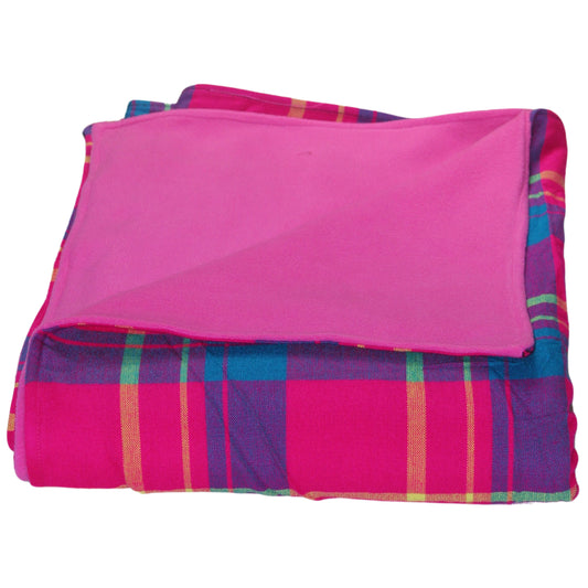 Authentic Maasai Shuka Blanket – Pink, Blue and Yellow Tartan with Solid Pink Fleece – Enkito e Maa (Cloth of the People).