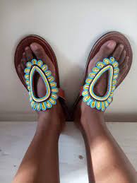 Handmade Maasai Beaded Sandals – Blue and Yellow Teardrop Motif – Enkito e Sidai (Step of Beauty).