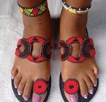 Handmade Maasai Beaded Sandals – Red and Black Circle Motif with Matching Anklets – Enkito e Sidai (Step of Beauty).